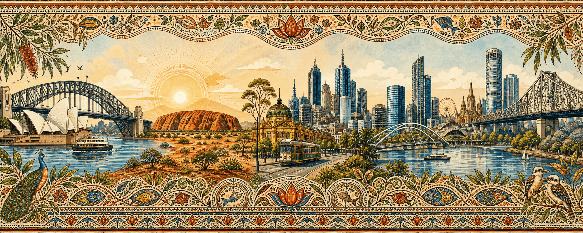 Australian landmarks with Mithila inspired cultural motifs